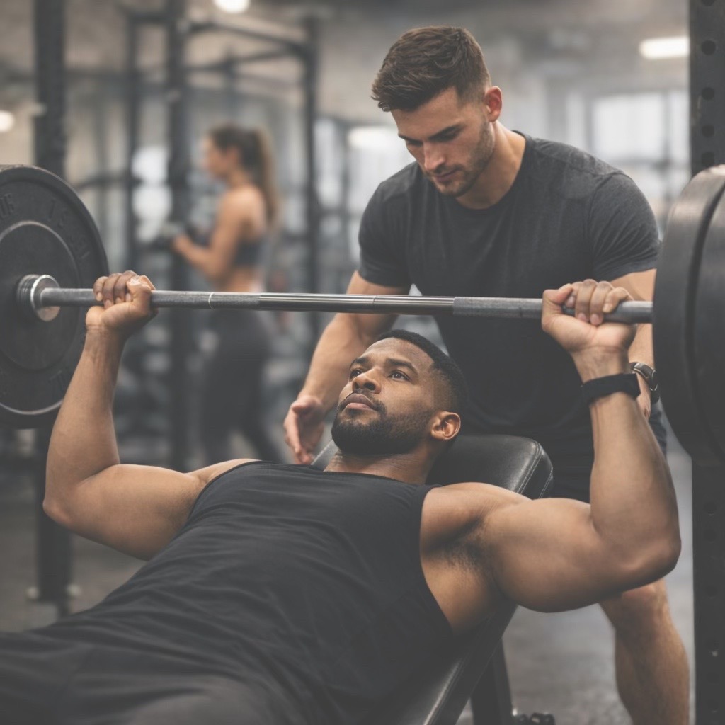 A male athlete performs an incline bench press in a modern gym while a focused male personal trainer stands close behind to spot him, and both men are wearing fitted black training apparel in a softly lit fitness environment.